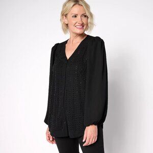 Dennis Basso Double Georgette Blouse with Embellishment - Size Medium a667617